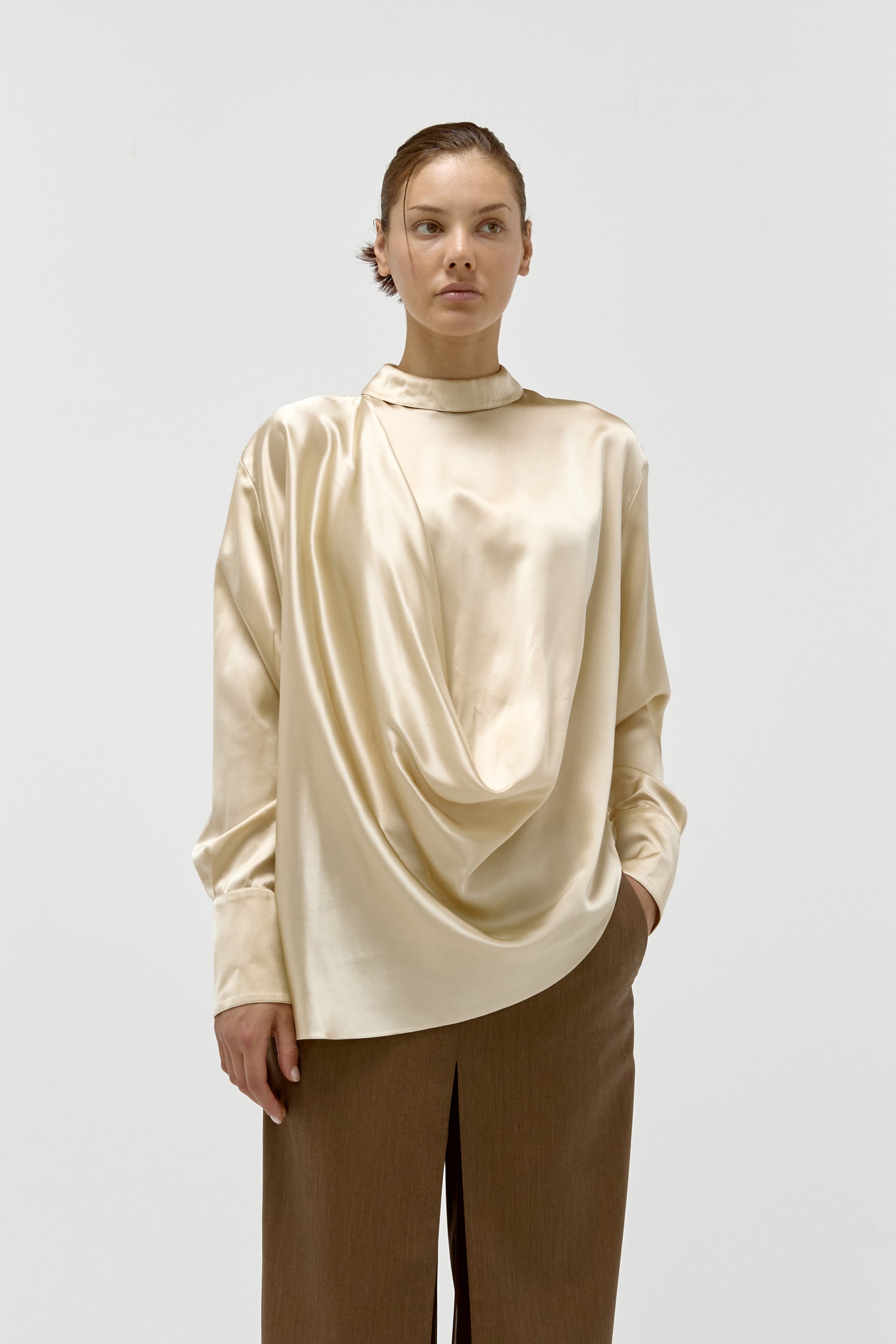 Silk Draped Blouse in Pearl