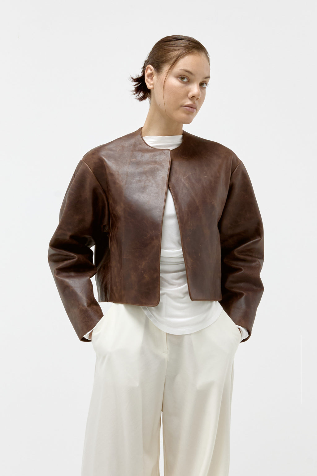 Cowhide Cropped Jacket in Brown