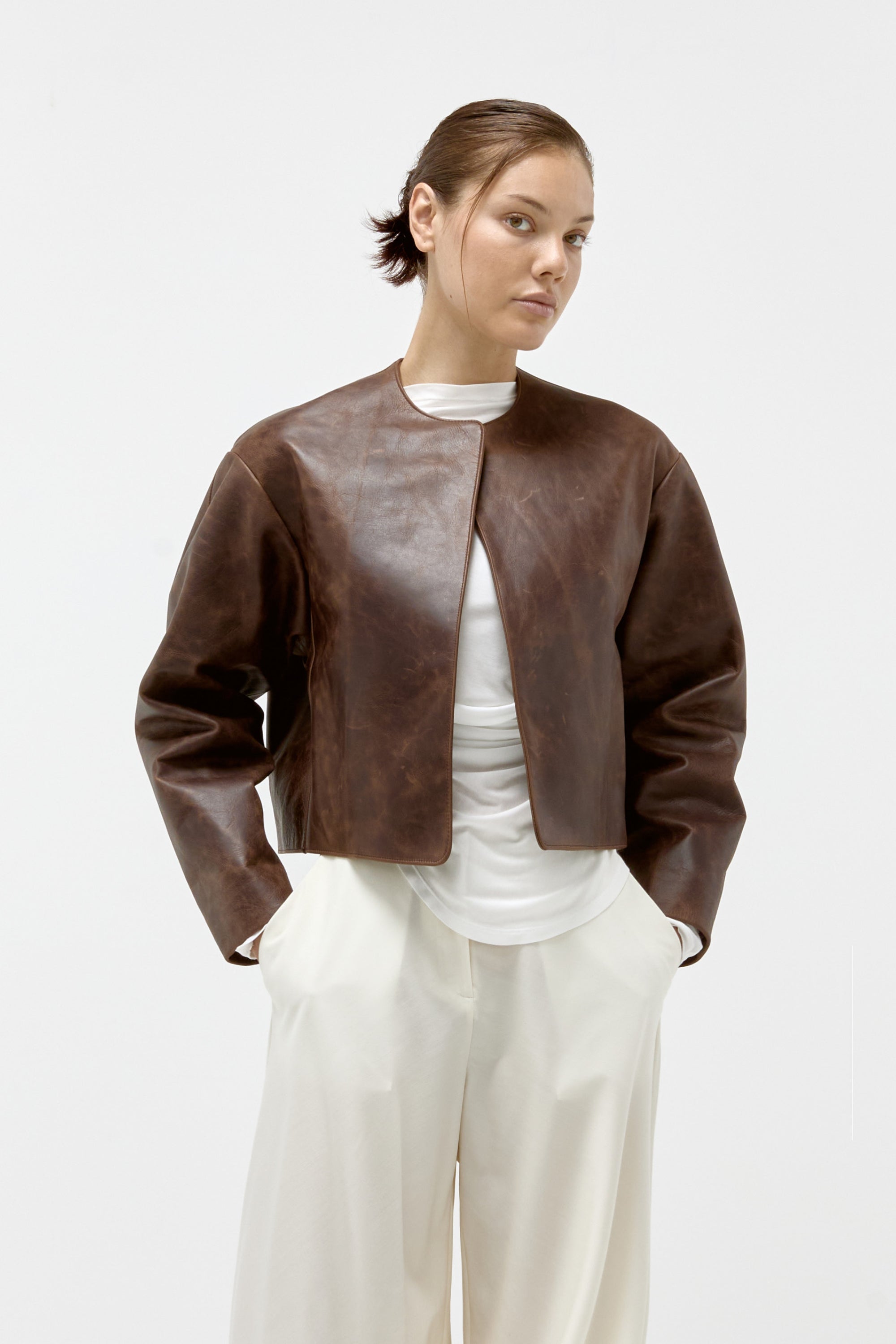 Cowhide Cropped Jacket in Brown