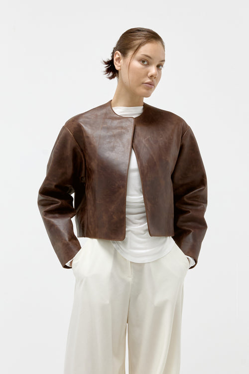 Cowhide Cropped Jacket in Brown