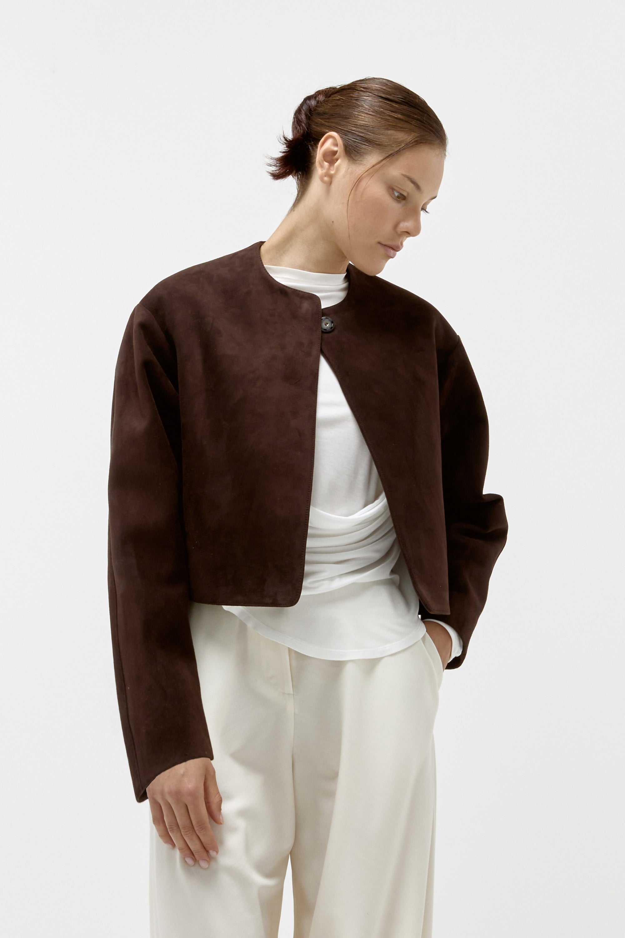Suede Cropped Jacket in Chocolate | Limited Edition