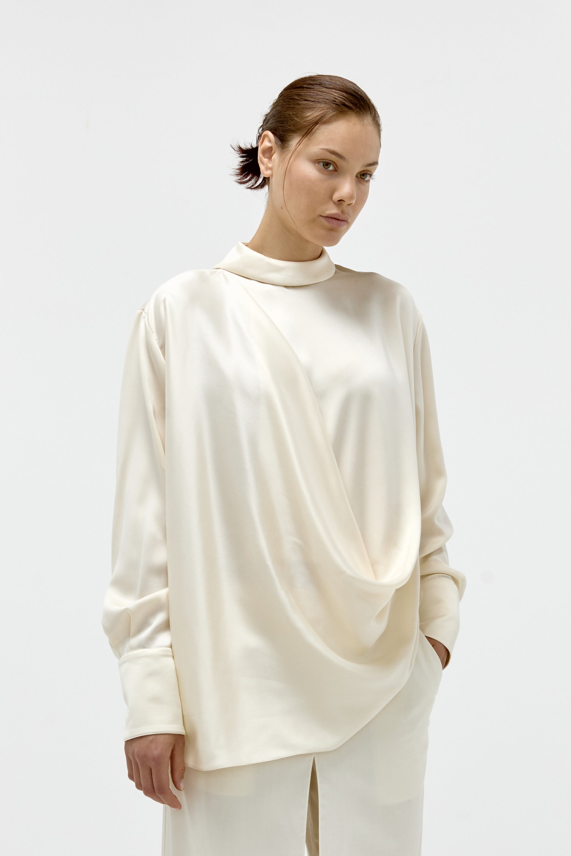 Silk Draped Blouse in Vanilla