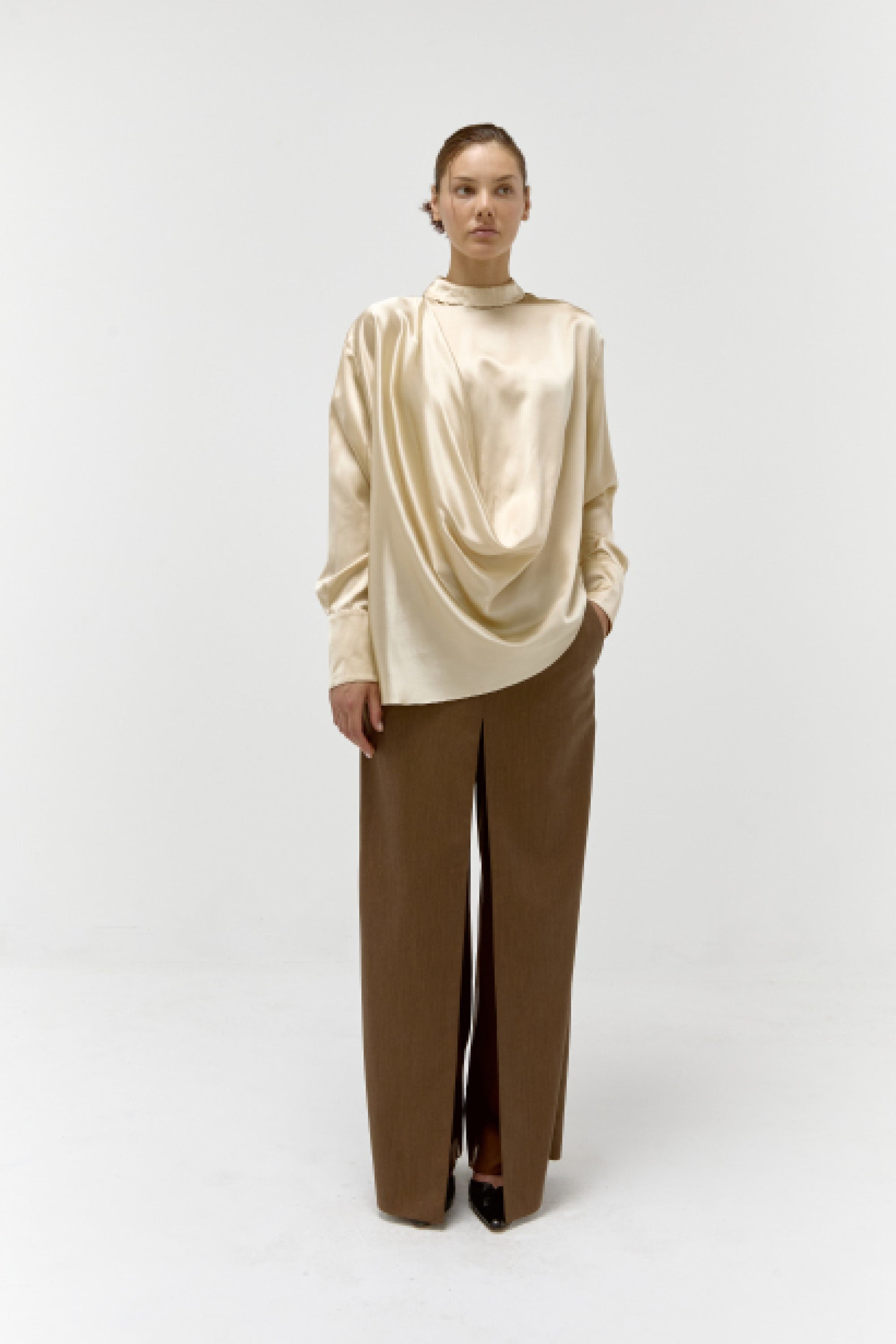 Wool & Silk Straight Skirt Pant in Tobacco