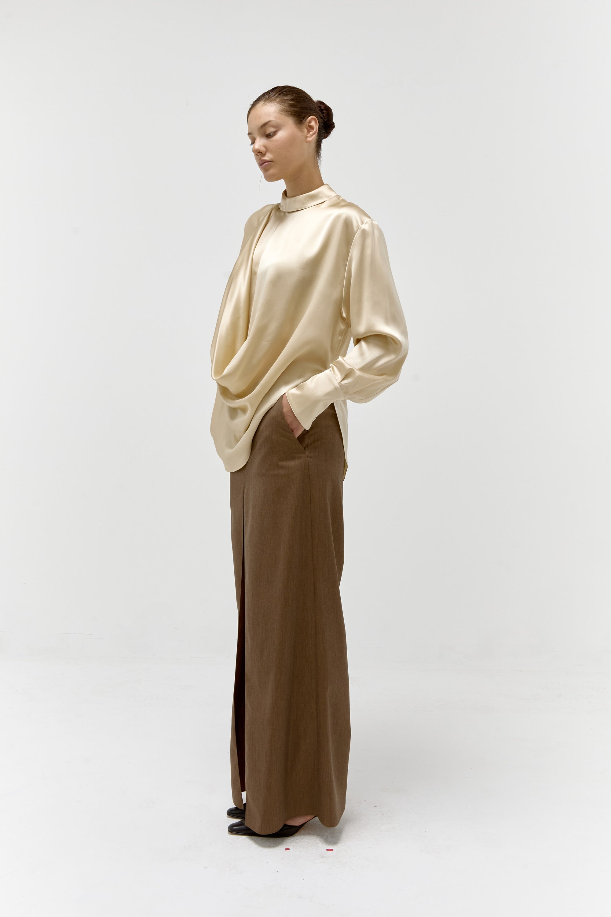 Wool & Silk Straight Skirt Pant in Tobacco