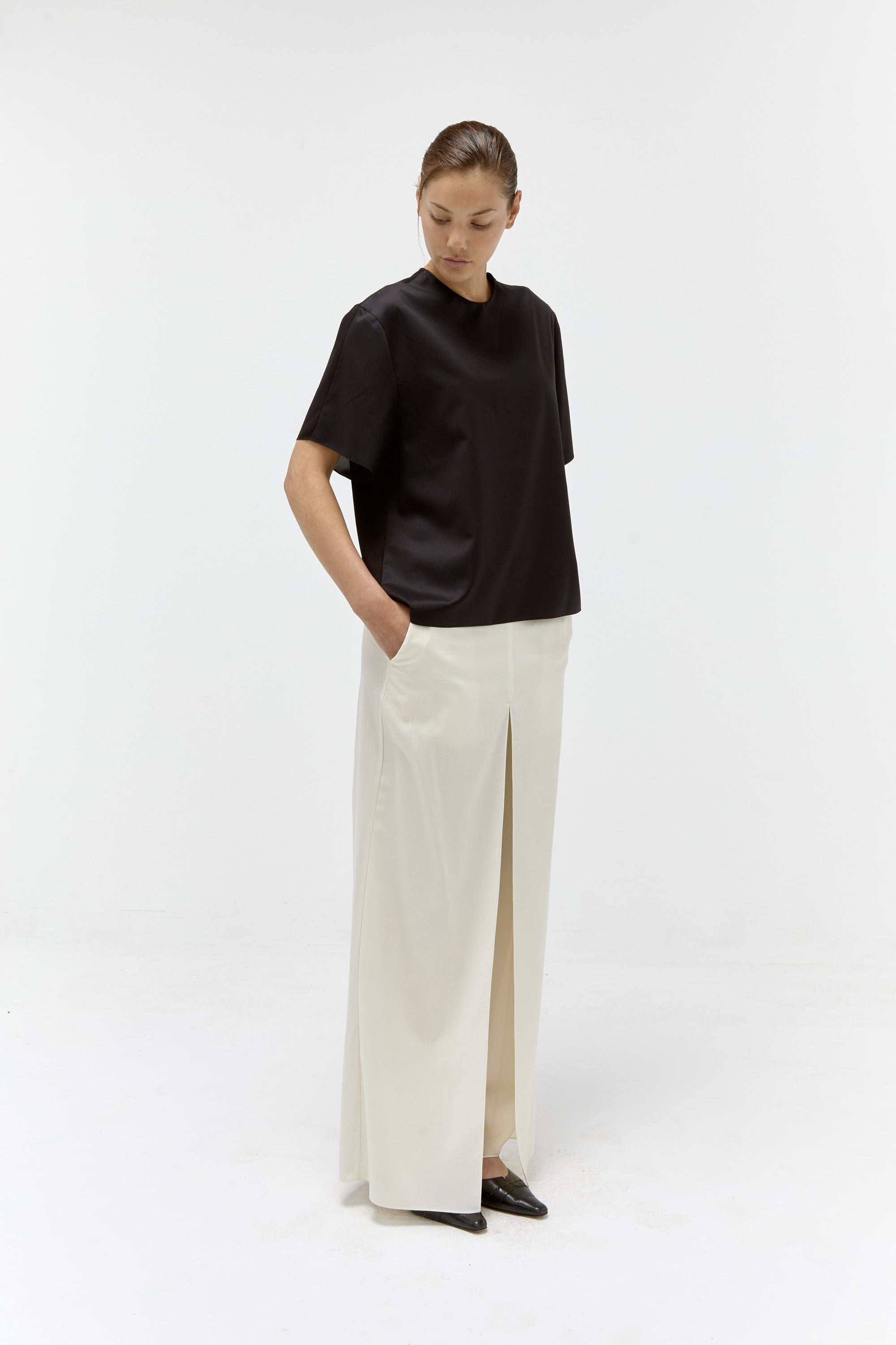 Wool & Silk Straight Skirt Pant in Vanilla